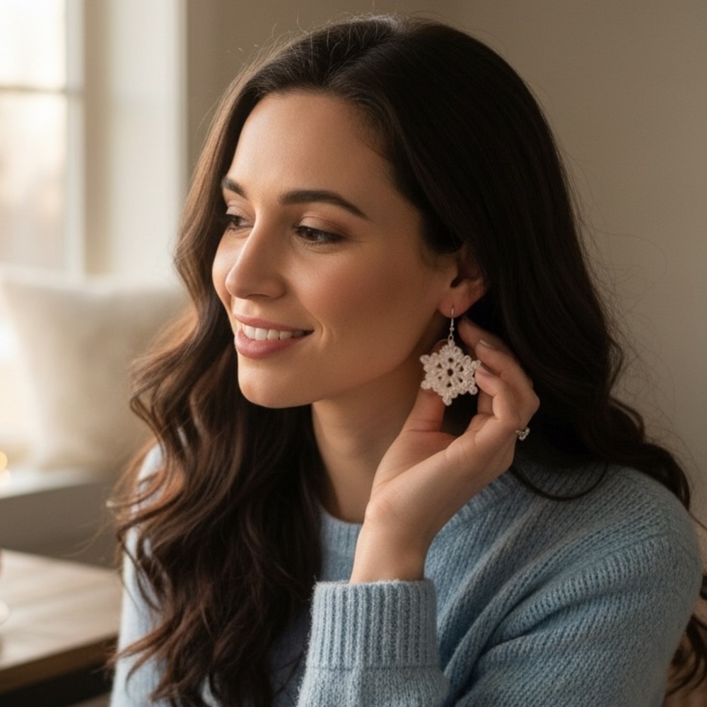 White Crochet Lace Snowflake Drop Earrings